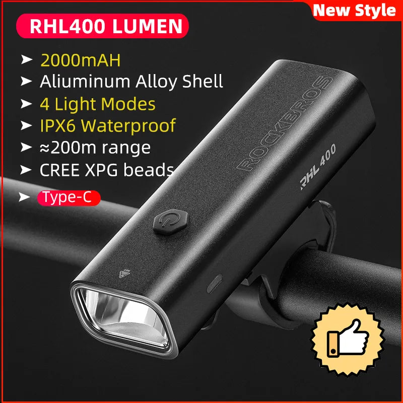 ROCKBROS Bike Light Rainproof Type-C Charging LED 2000mAh MTB.